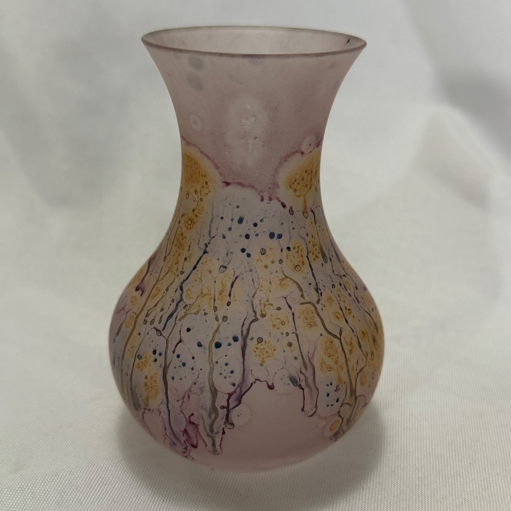 Israeli Hand Painted Art Glass Bud Vase Pink Gold Drip Boho Cottagecore Vintage